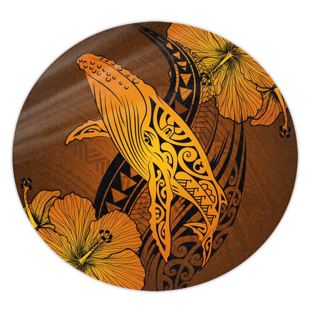 Hawaiian Map Whale Swim Hibiscus Polynesian Round Carpet - Orange - AH Round Carpet Luxurious Plush - Polynesian Pride