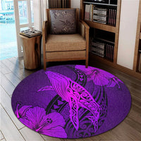 Hawaiian Map Whale Swim Hibiscus Polynesian Round Carpet - Purple - AH - Polynesian Pride