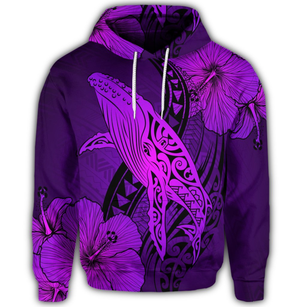 Hawaiian Map Whale Swim Hibiscus Polynesian Hoodie Purple - Polynesian Pride