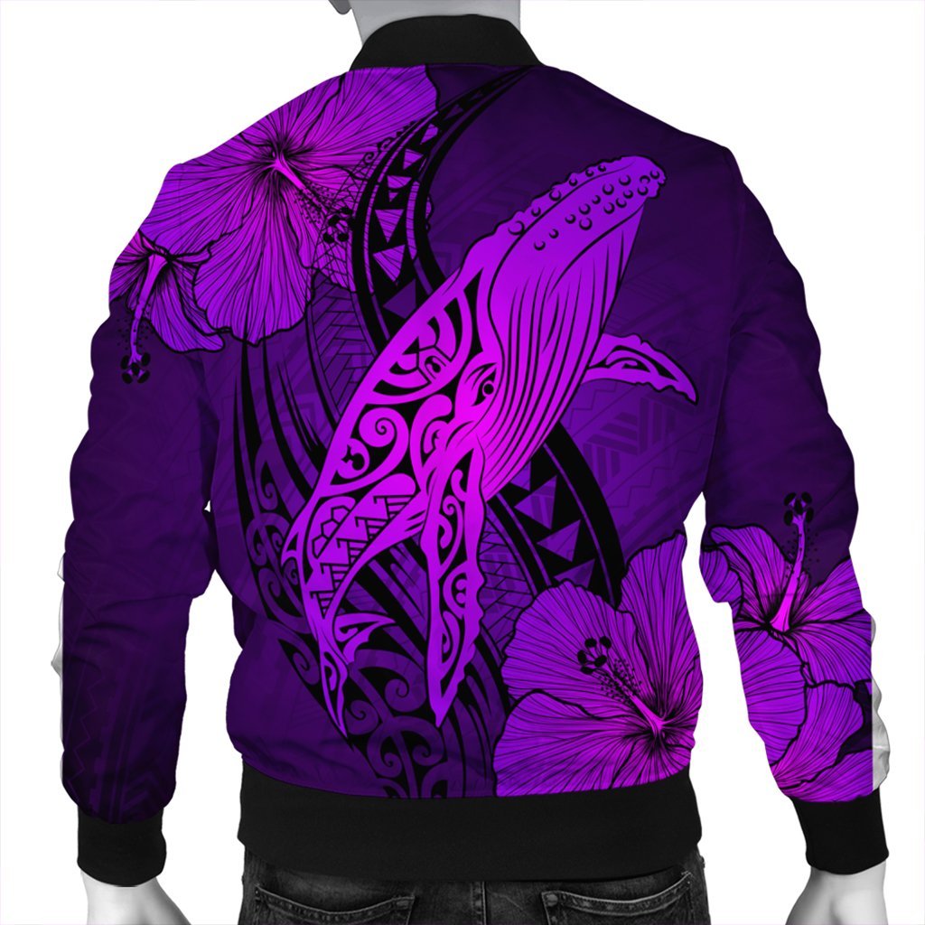 Hawaiian Map Whale Swim Hibiscus Polynesian Bomber Jacket - Purple - AH - Polynesian Pride