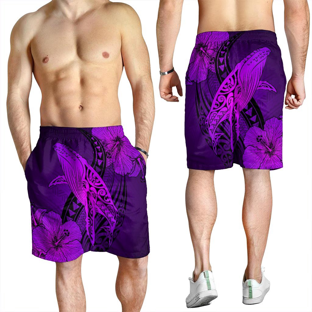 Hawaiian Map Whale Swim Hibiscus Polynesian Men's Shorts - Purple - AH - Polynesian Pride