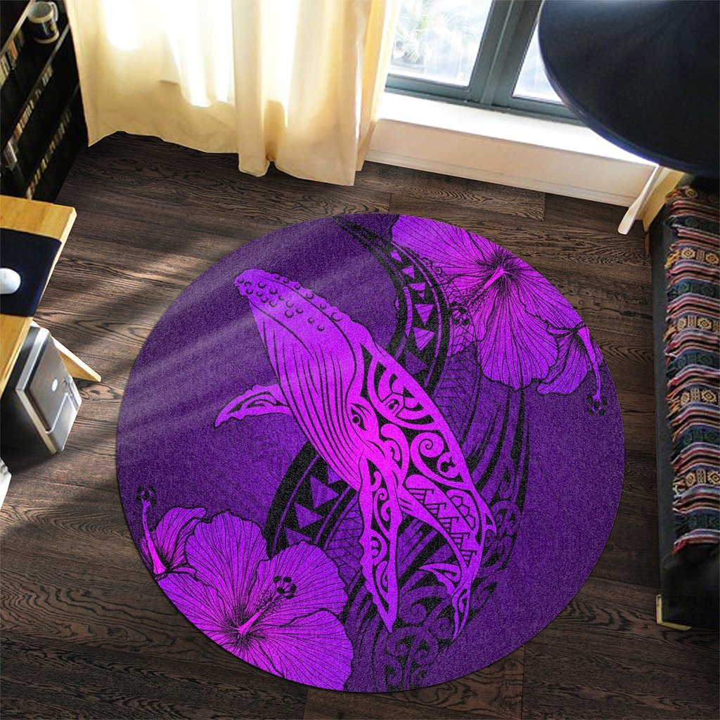 Hawaiian Map Whale Swim Hibiscus Polynesian Round Carpet - Purple - AH - Polynesian Pride