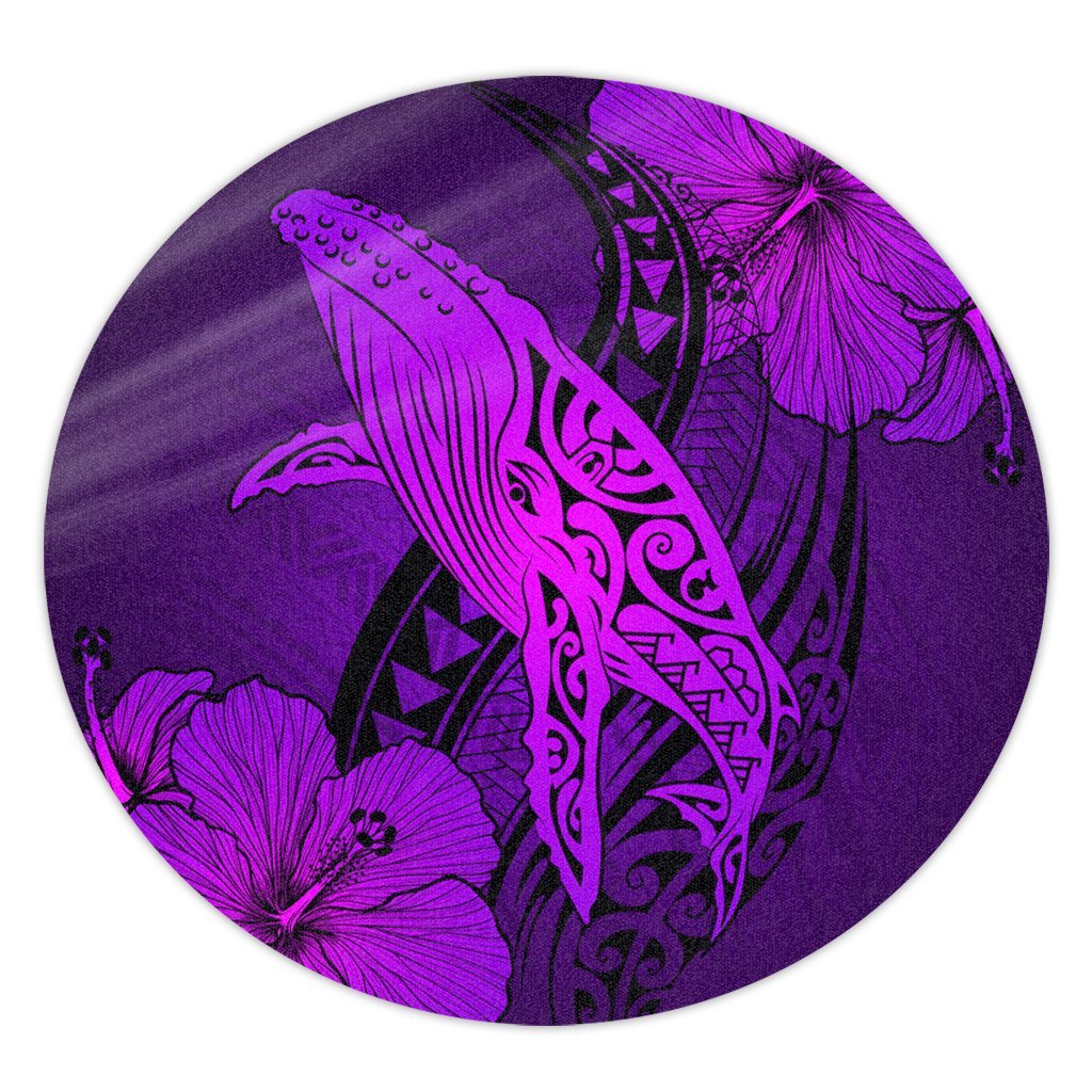 Hawaiian Map Whale Swim Hibiscus Polynesian Round Carpet - Purple - AH Round Carpet Luxurious Plush - Polynesian Pride