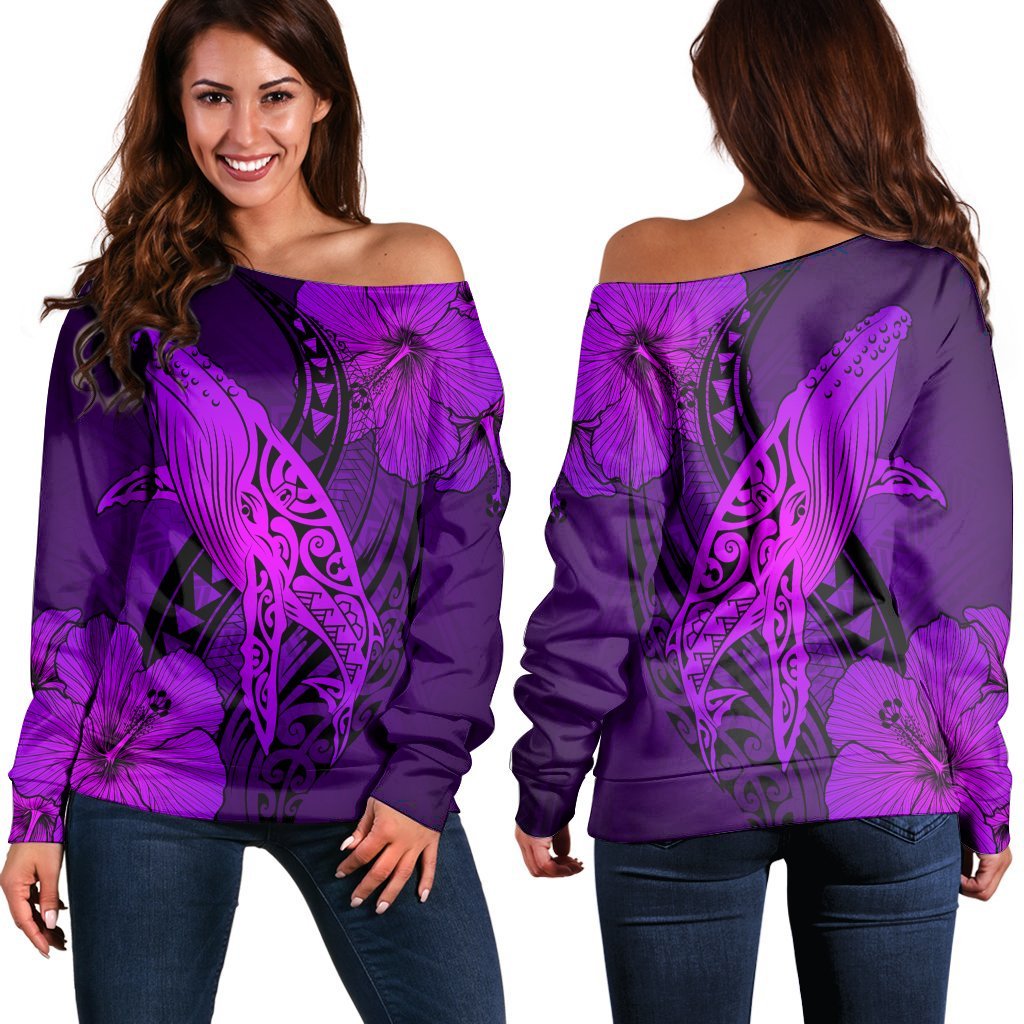 Hawaiian Map Whale Swim Hibiscus Polynesian Women's Off Shoulder Sweater - Purple - AH Black - Polynesian Pride