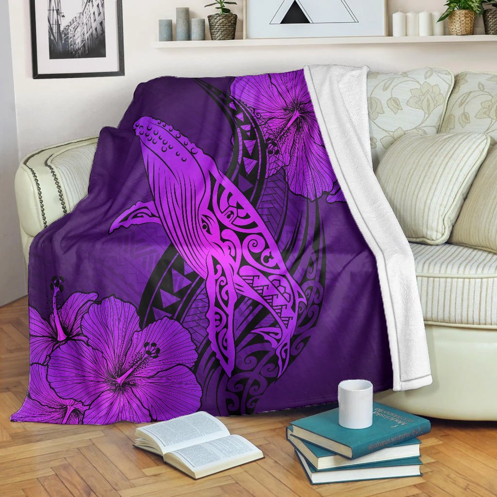 Hawaiian Map Whale Swim Hibiscus Polynesian Premium Blankets - Purple - AH White - Polynesian Pride