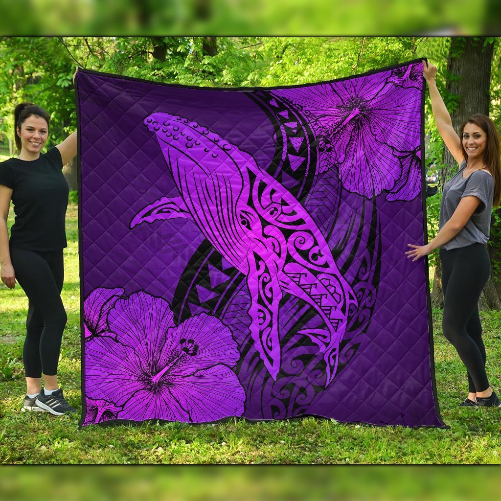 Hawaiian Map Whale Swim Hibiscus Polynesian Premium Quilts - Purple - AH Black - Polynesian Pride