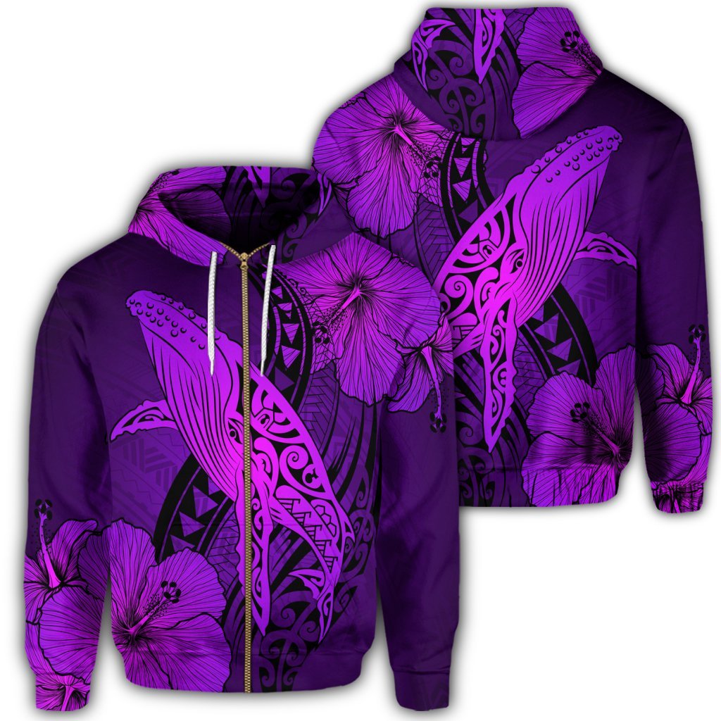 Hawaiian Map Whale Swim Hibiscus Polynesian Zip Hoodie Purple Unisex Art - Polynesian Pride