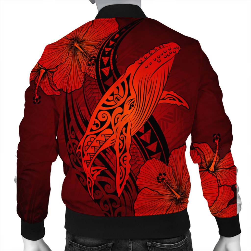 Hawaiian Map Whale Swim Hibiscus Polynesian Bomber Jacket - Red - AH - Polynesian Pride
