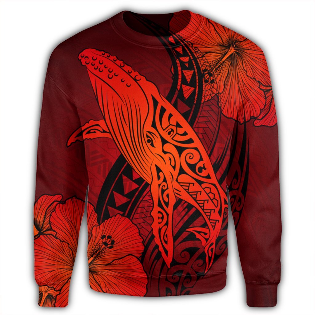 Hawaiian Map Whale Swim Hibiscus Polynesian Sweatshirt - Red - AH - Polynesian Pride