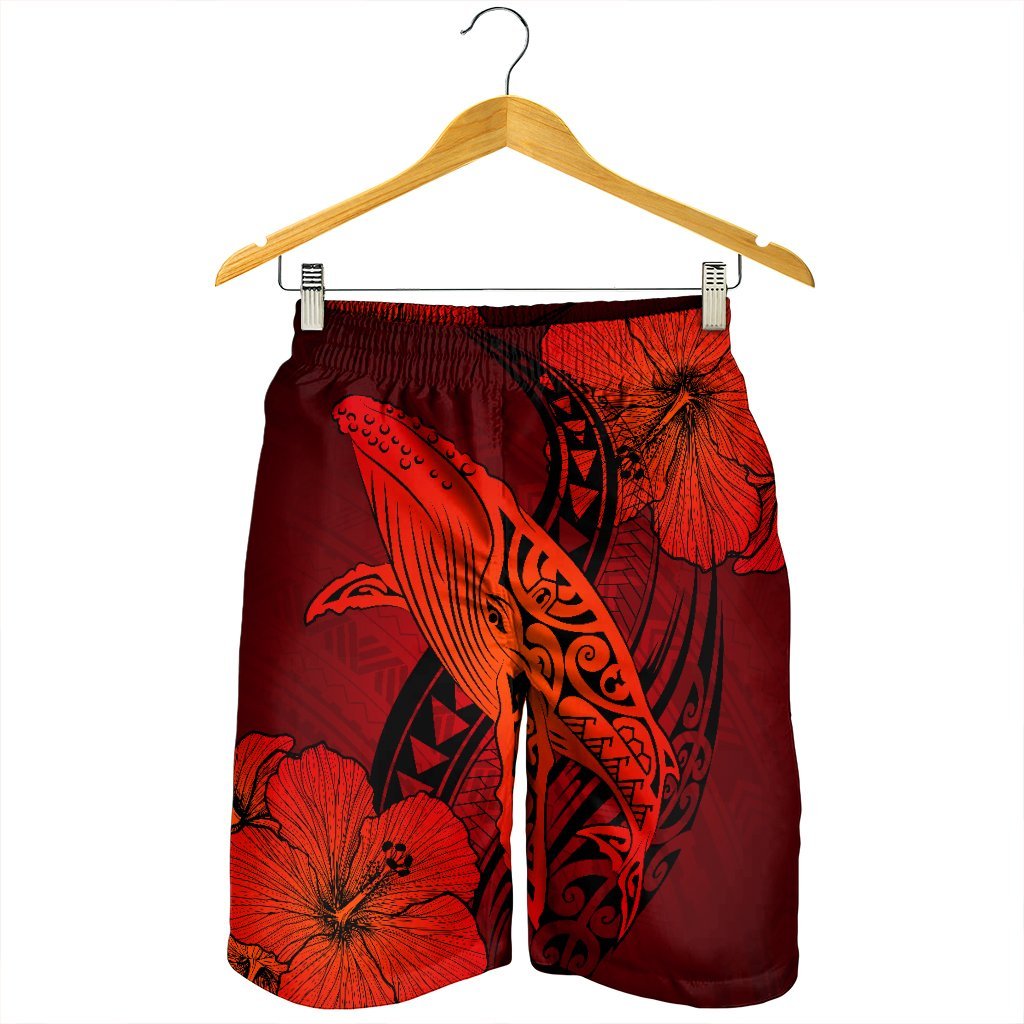 Hawaiian Map Whale Swim Hibiscus Polynesian Men's Shorts - Red - AH - Polynesian Pride