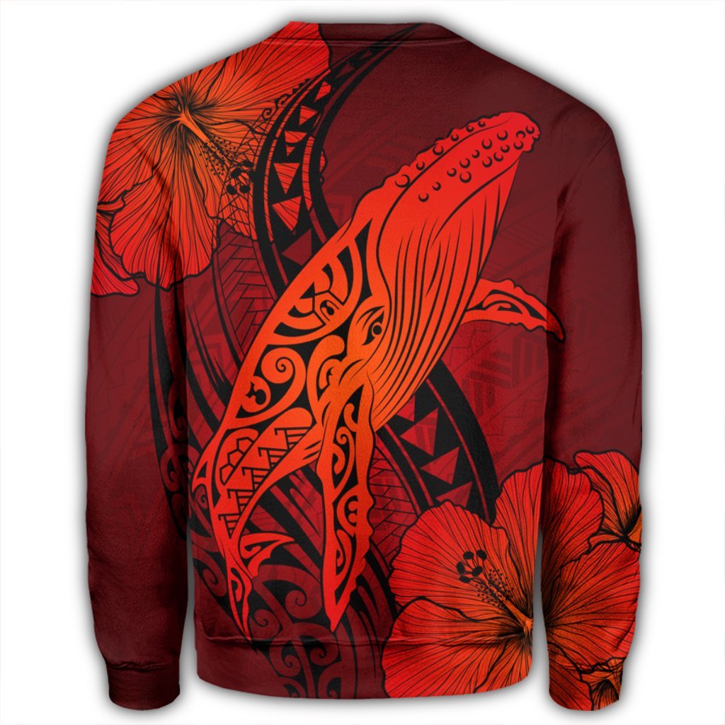 Hawaiian Map Whale Swim Hibiscus Polynesian Sweatshirt - Red - AH - Polynesian Pride