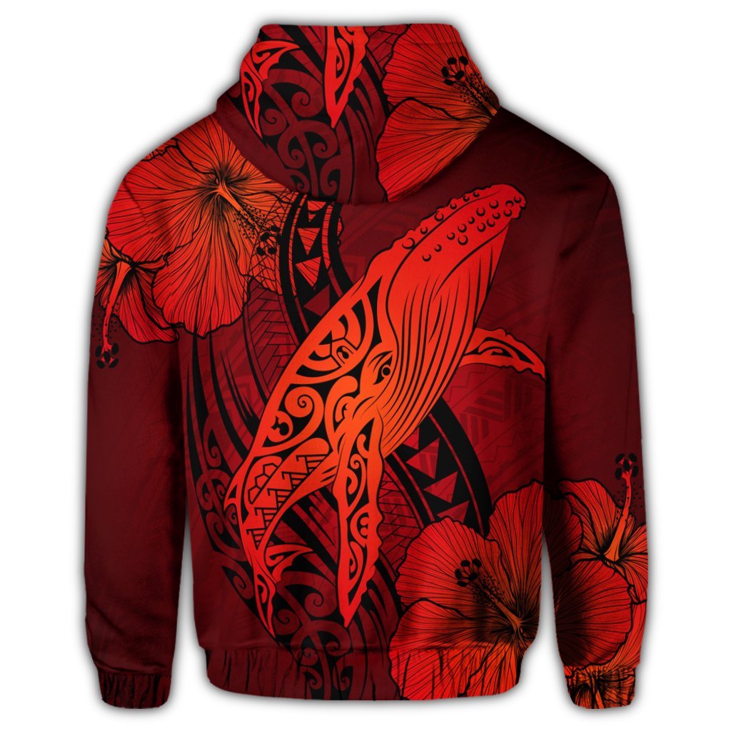 Hawaiian Map Whale Swim Hibiscus Polynesian Hoodie Red - Polynesian Pride