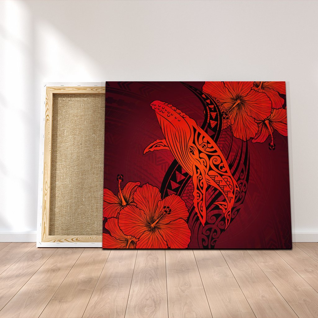 Hawaiian Map Whale Swim Hibiscus Polynesian Canvas - Red - AH Canvas Poly-cotton - Polynesian Pride