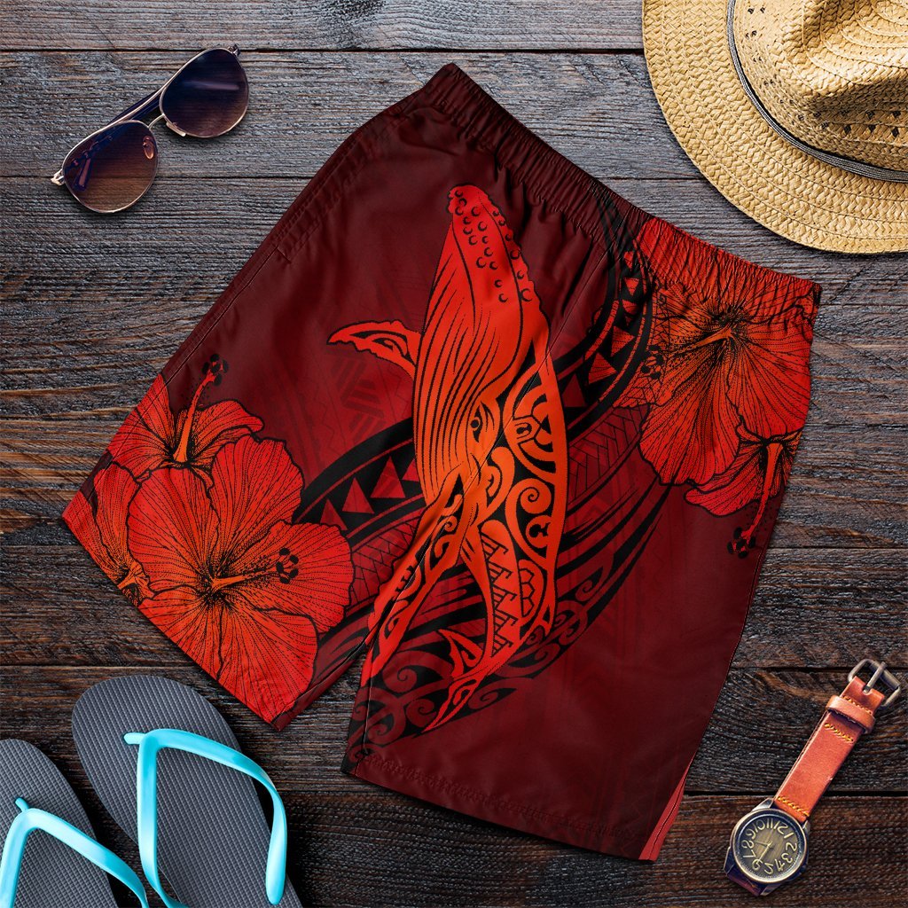 Hawaiian Map Whale Swim Hibiscus Polynesian Men's Shorts - Red - AH Art - Polynesian Pride