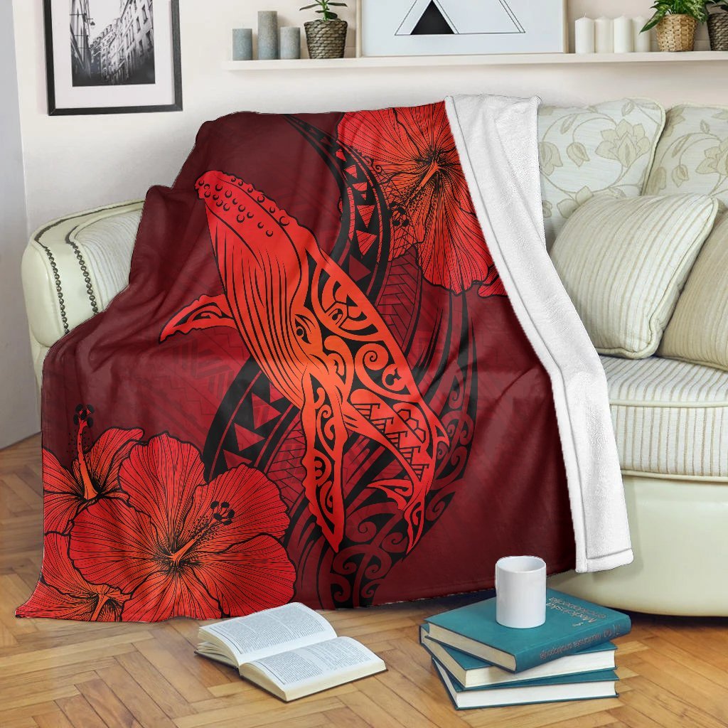 Hawaiian Map Whale Swim Hibiscus Polynesian Premium Blankets - Red - AH White - Polynesian Pride