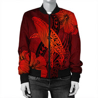 Hawaiian Map Whale Swim Hibiscus Polynesian Bomber Jacket - Red - AH - Polynesian Pride