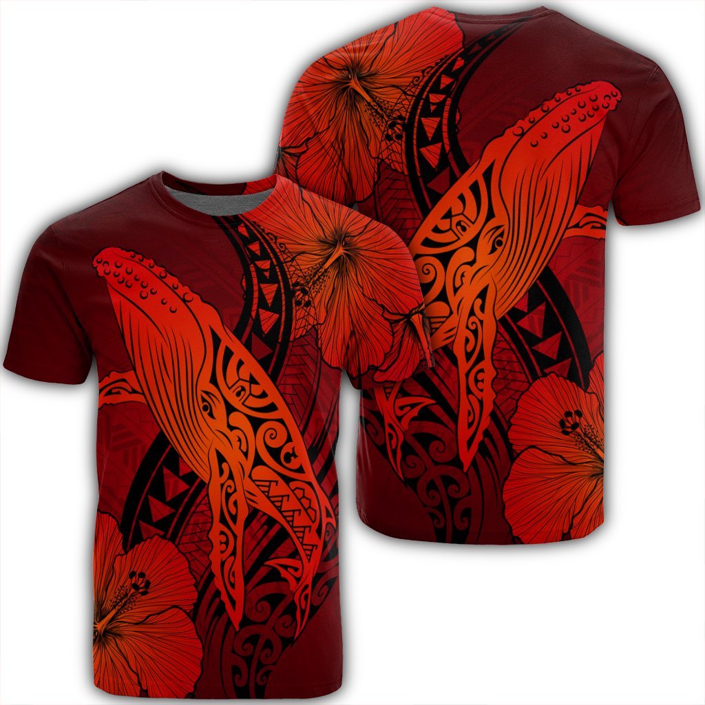 Hawaiian Map Whale Swim Hibiscus Polynesian T Shirt Red AH Unisex Black - Polynesian Pride