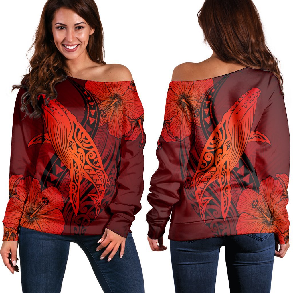 Hawaiian Map Whale Swim Hibiscus Polynesian Women's Off Shoulder Sweater - Red - AH Black - Polynesian Pride