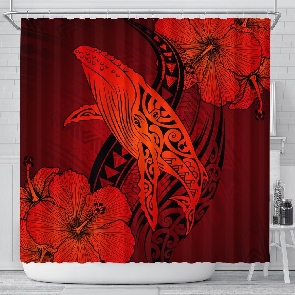 Hawaiian Map Whale Swim Hibiscus Polynesian Shower Curtain - Red - AH 177 x 172 (cm) Black - Polynesian Pride