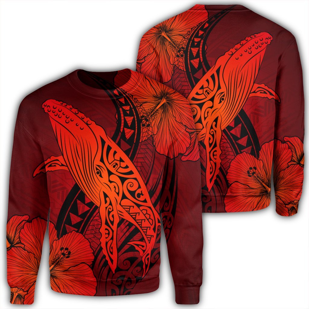 Hawaiian Map Whale Swim Hibiscus Polynesian Sweatshirt - Red - AH Unisex Black - Polynesian Pride