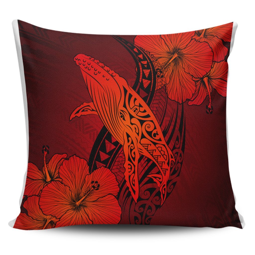 Hawaiian Map Whale Swim Hibiscus Polynesian Pillow Covers - Red - AH Pillow Covers Black - Polynesian Pride