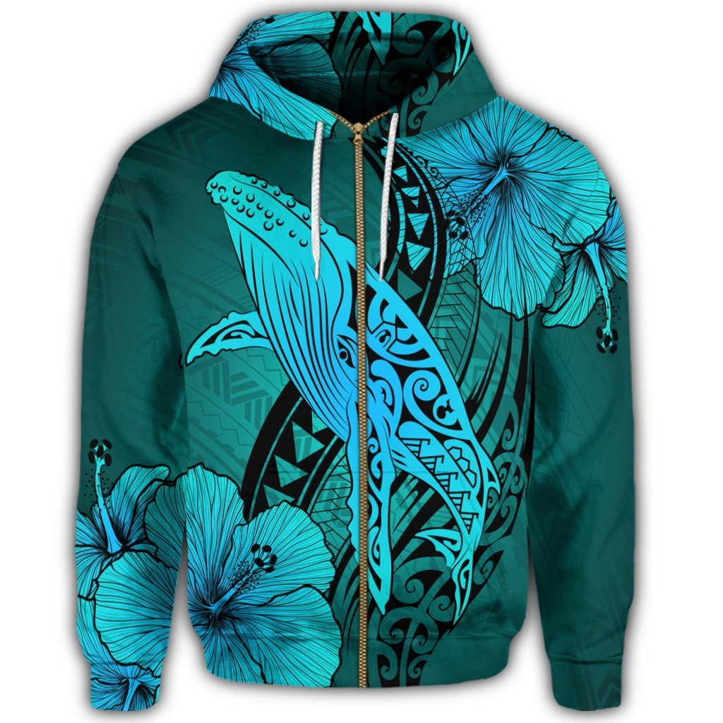 Hawaiian Map Whale Swim Hibiscus Polynesian Zip Hoodie Turquoise - Polynesian Pride