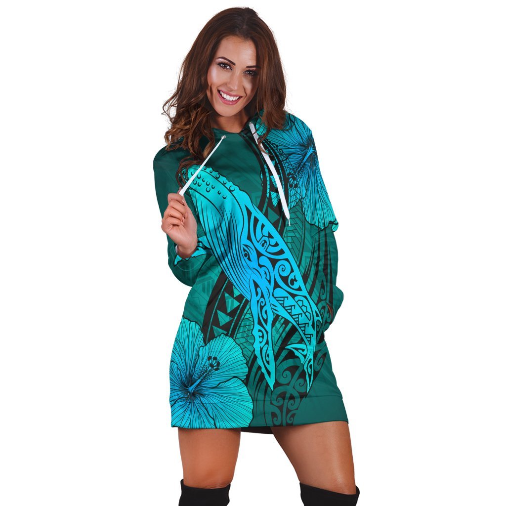 Hawaiian Map Whale Swim Hibiscus Polynesian Hoodie Dress - Turquoise - AH - Polynesian Pride
