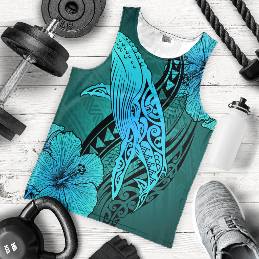 Hawaiian Map Whale Swim Hibiscus Polynesian Tank Top - Turquoise - AH - Polynesian Pride