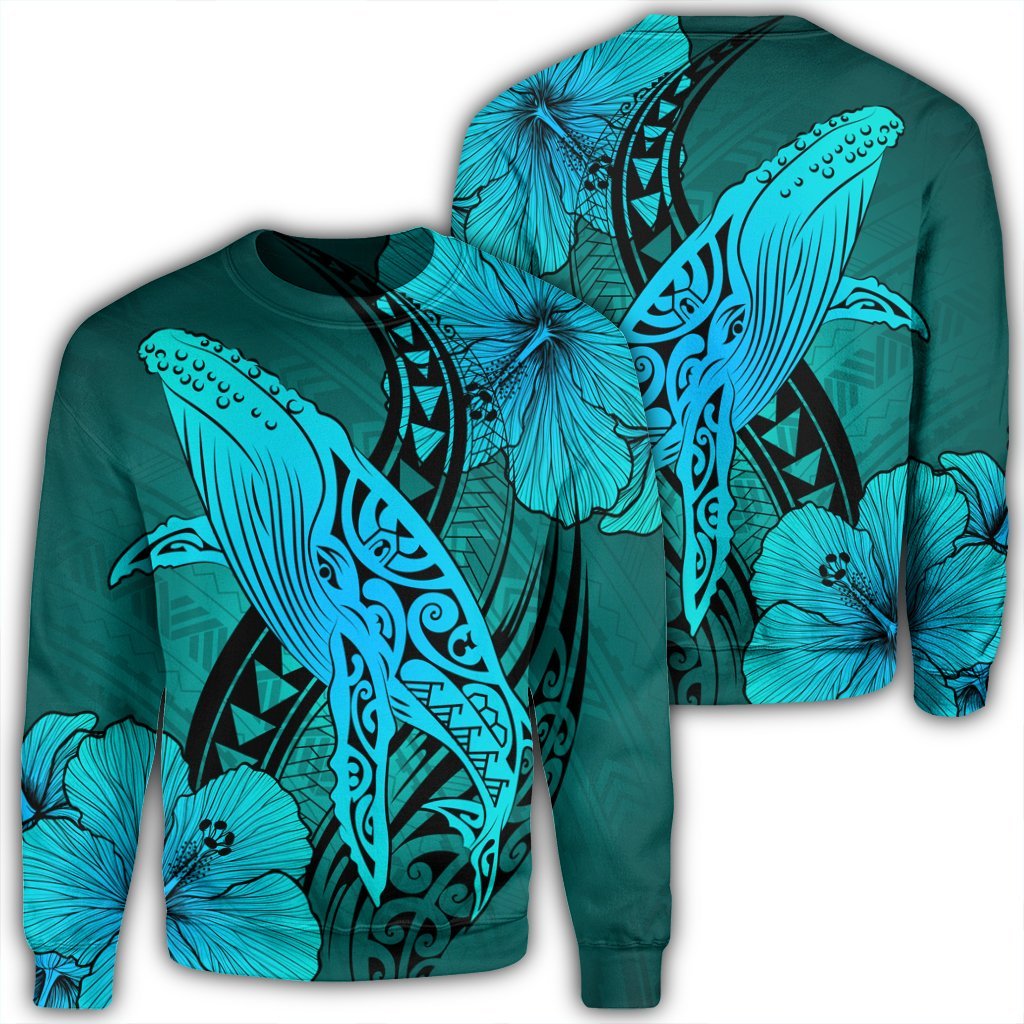Hawaiian Map Whale Swim Hibiscus Polynesian Sweatshirt - Turquoise - AH Unisex Black - Polynesian Pride