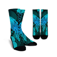 Hawaiian Map Whale Swim Hibiscus Polynesian Crew Socks - Turquoise - AH Crew Socks White - Polynesian Pride