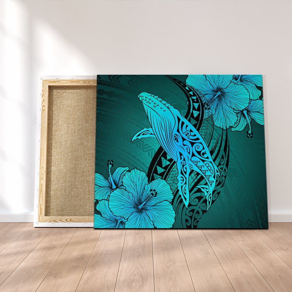 Hawaiian Map Whale Swim Hibiscus Polynesian Canvas - Turquoise - AH Canvas Poly-cotton - Polynesian Pride