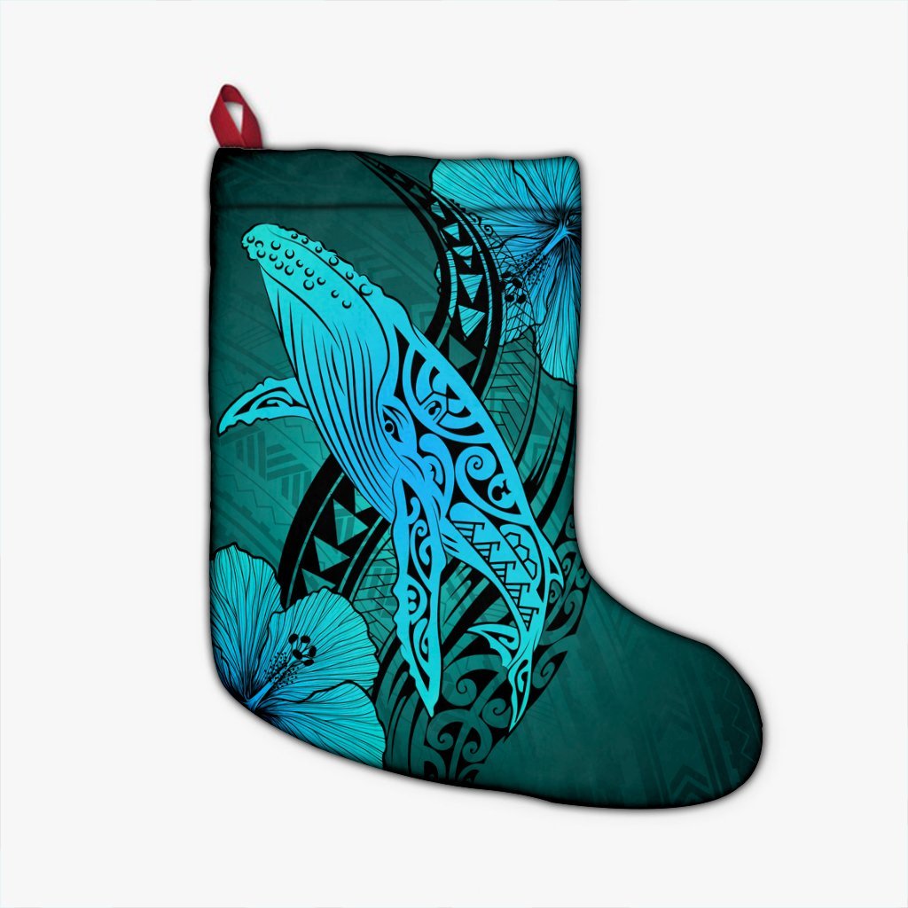 Hawaiian Map Whale Swim Hibiscus Polynesian Christmas Stocking - Turquoise - AH Christmas Stocking 26 X 42 cm Black - Polynesian Pride