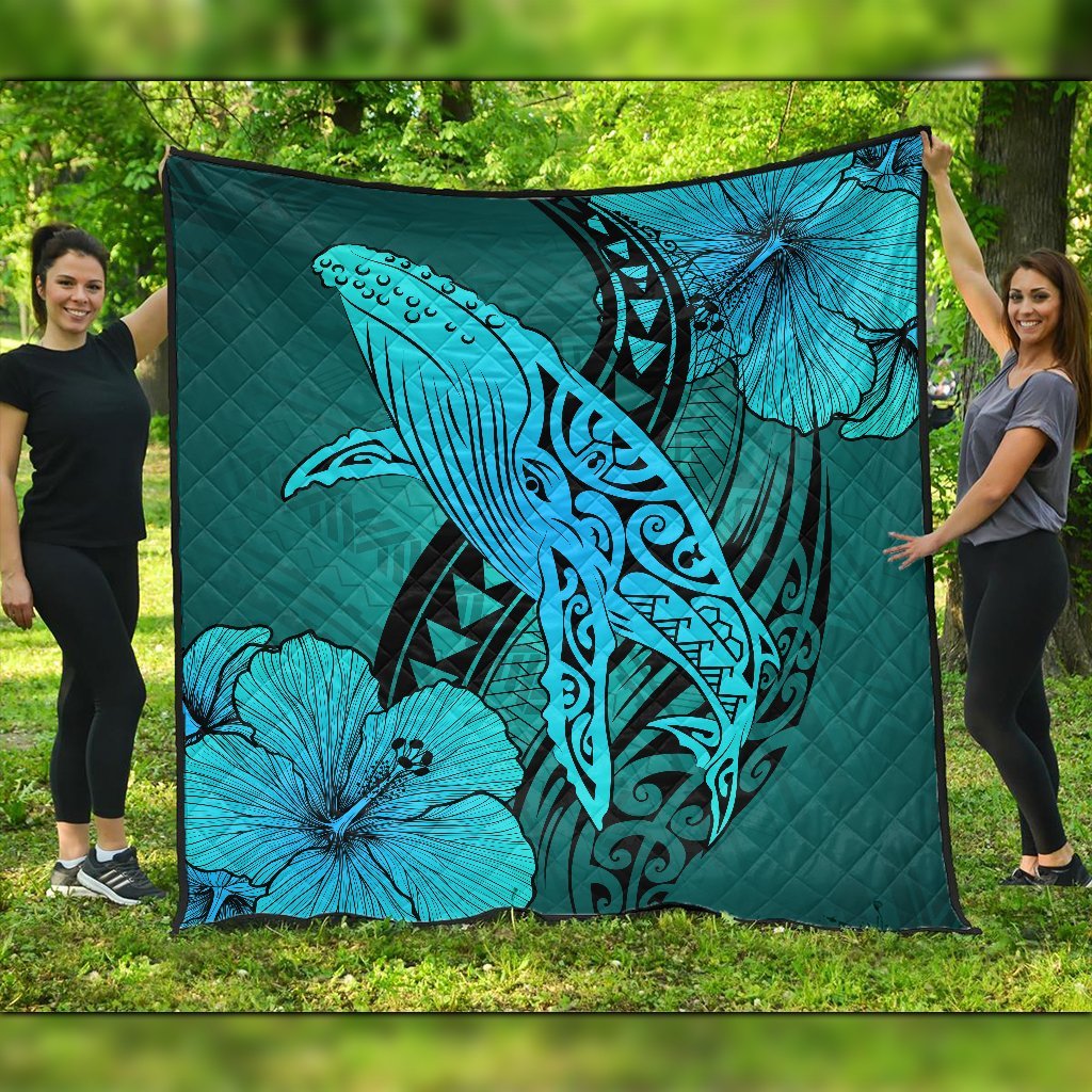 Hawaiian Map Whale Swim Hibiscus Polynesian Premium Quilts - Turquoise - AH Black - Polynesian Pride