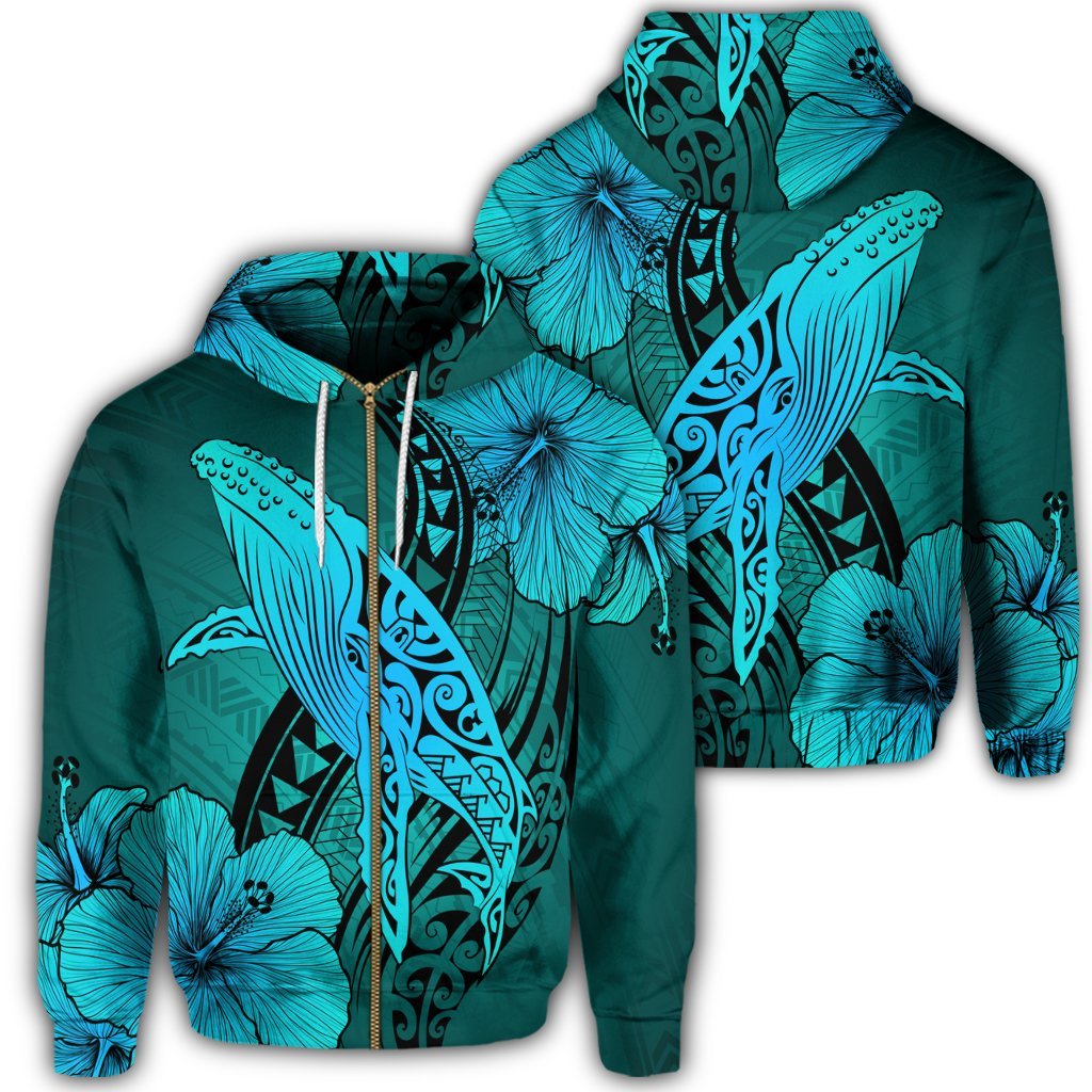 Hawaiian Map Whale Swim Hibiscus Polynesian Zip Hoodie Turquoise Unisex Art - Polynesian Pride