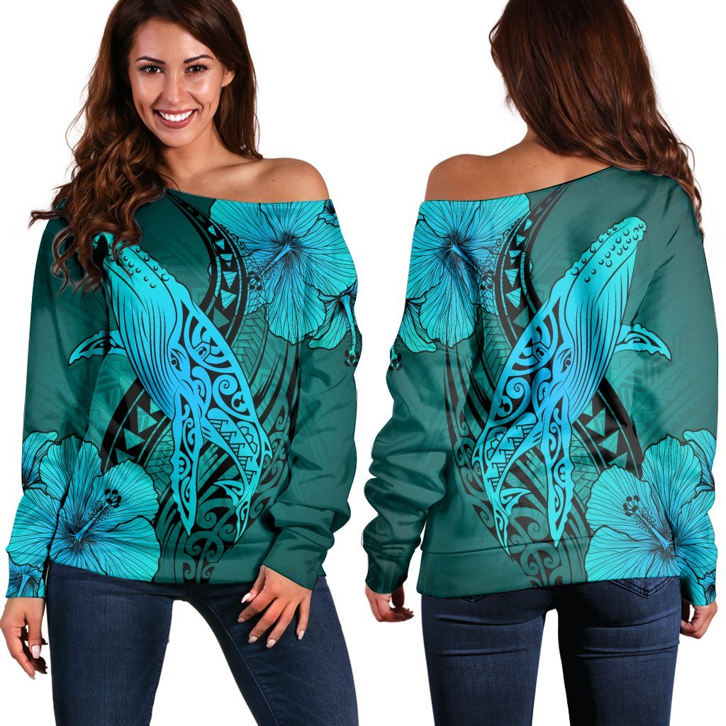 Hawaiian Map Whale Swim Hibiscus Polynesian Women's Off Shoulder Sweater - Turquoise - AH Black - Polynesian Pride