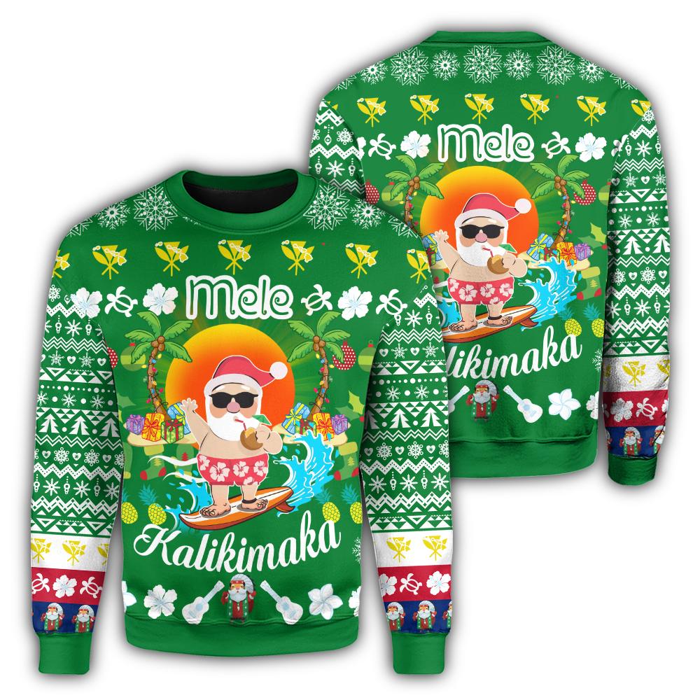 Hawaiian Mele Kalikimaka Santa Claus Pattern Christmas Sweatshirt - Green - Labo Style - AH Unisex Green - Polynesian Pride