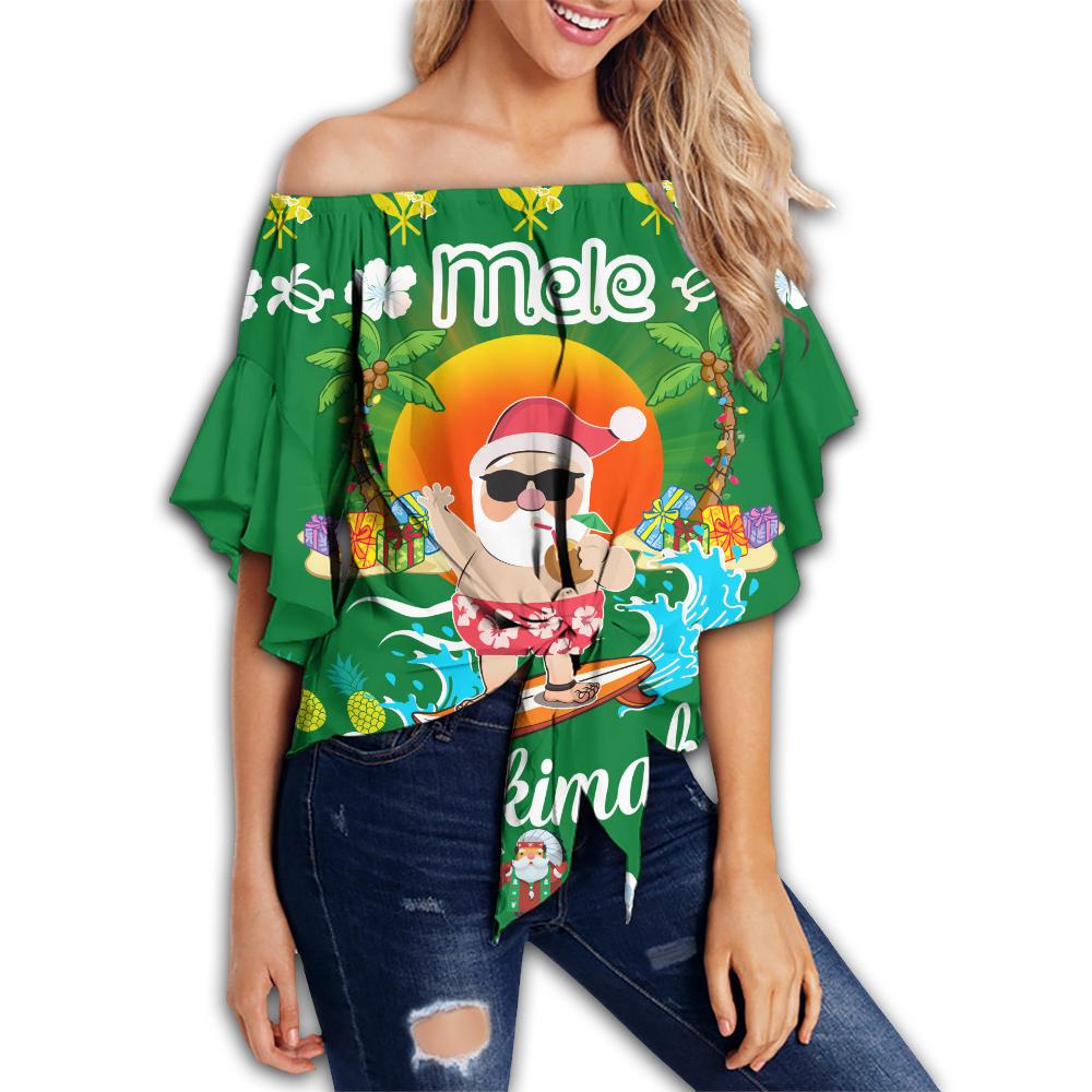 Hawaiian Mele Kalikimaka Santa Claus Pattern Christmas Women's Off Shoulder Wrap Waist Top - Green - Labo Style - AH Female Green - Polynesian Pride