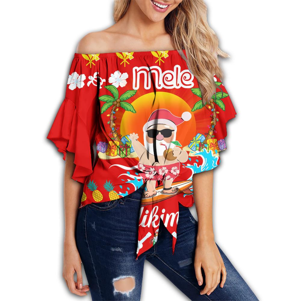 Hawaiian Mele Kalikimaka Santa Claus Pattern Christmas Women's Off Shoulder Wrap Waist Top - Red - Labo Style - AH Female Red - Polynesian Pride