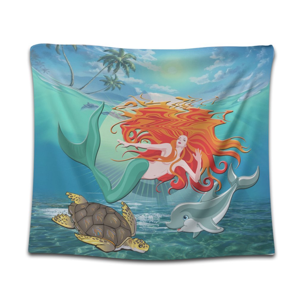 Hawaiian Mermaid Turtle Dolphin Polynesian Tapestry - AH Wall Tapestry Black - Polynesian Pride