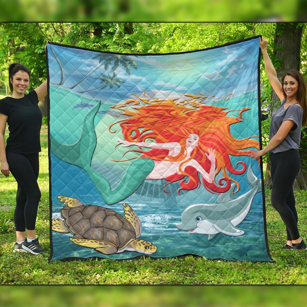 Hawaiian Mermaid Turtle Dolphin Polynesian Premium Quilts - AH Black - Polynesian Pride