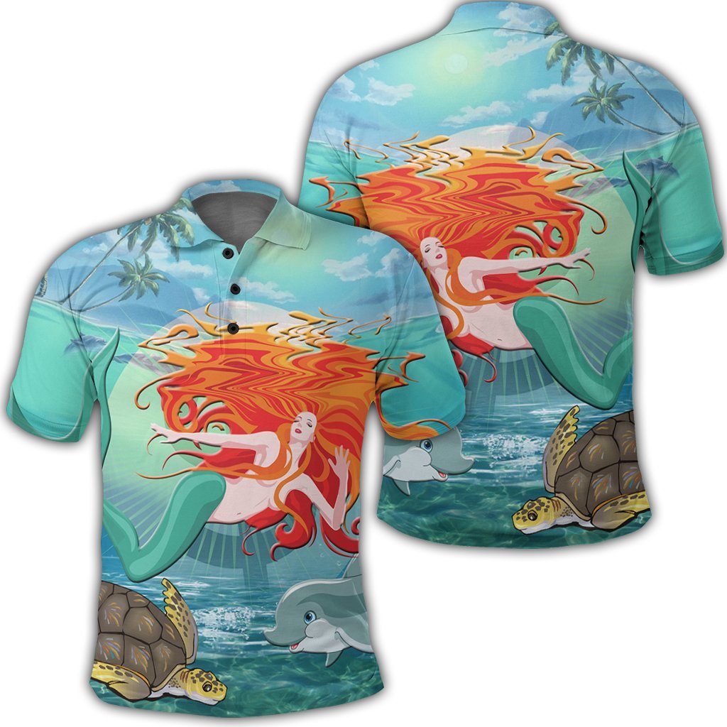 Hawaiian Mermaid Turtle Dolphin Polynesian Polo Shirt Unisex Black - Polynesian Pride