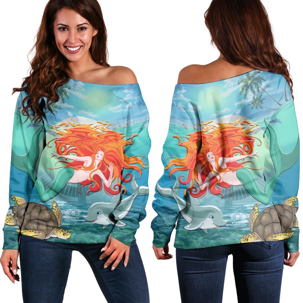 Hawaiian Mermaid Turtle Dolphin Polynesian Women's Off Shoulder Sweater - AH Black - Polynesian Pride