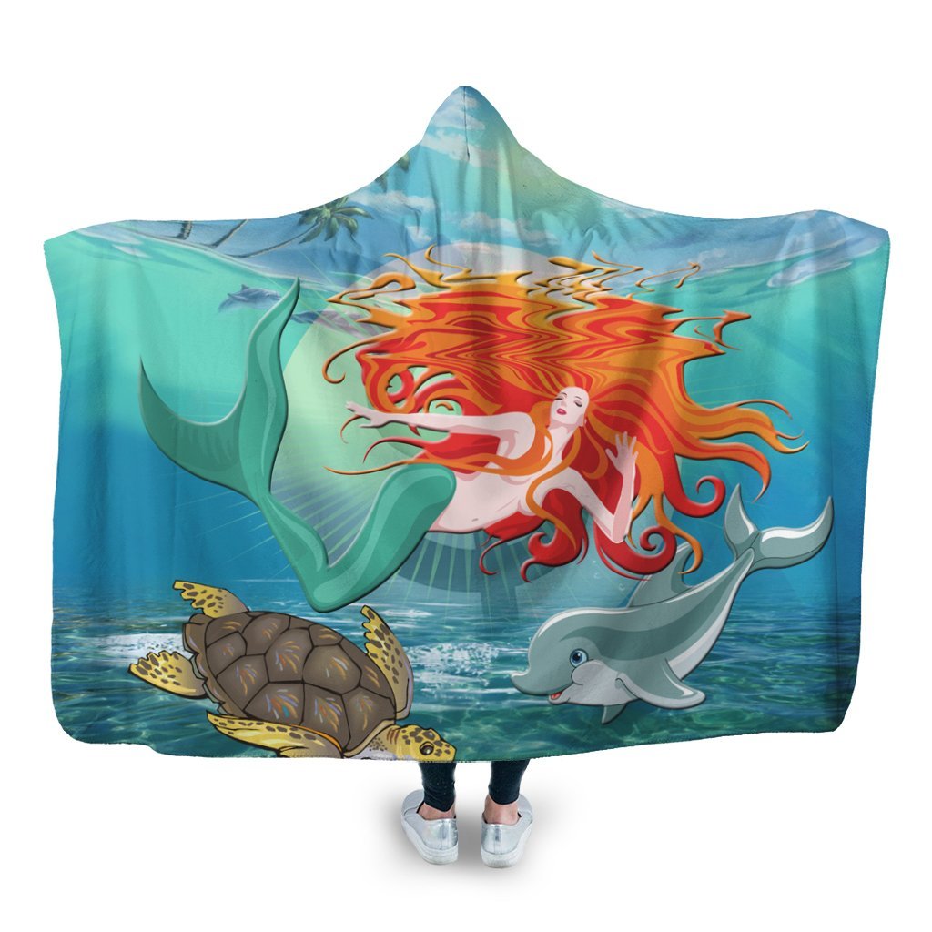 Hawaiian Mermaid Turtle Dolphin Polynesian Hooded Blanket - AH Hooded Blanket White - Polynesian Pride