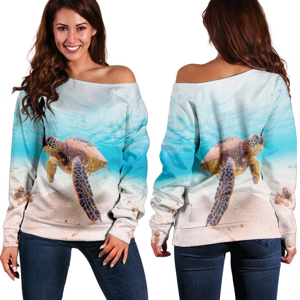 Hawaiian Ocean Picture Women's Off Shoulder Sweater - AH Black - Polynesian Pride