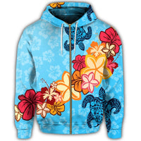 Hawaiian Ocean Turtle Plumeria and Hibiscus Polynesian Zip Hoodie - Polynesian Pride
