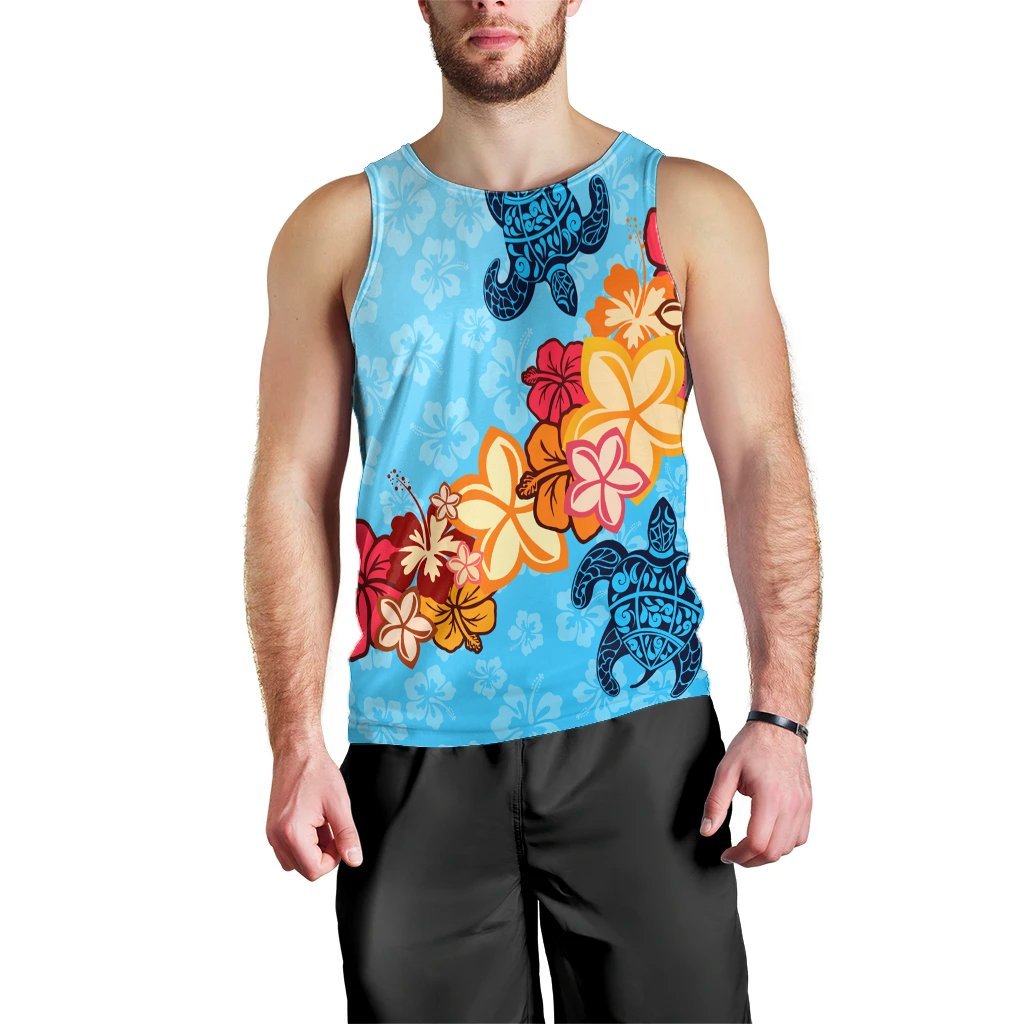 Hawaiian Ocean Turtle Plumeria And Hibiscus Polynesian Tank Top - AH Black - Polynesian Pride