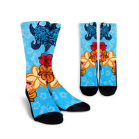 Hawaiian Ocean Turtle Plumeria And Hibiscus Polynesian Crew Socks - AH Crew Socks White - Polynesian Pride