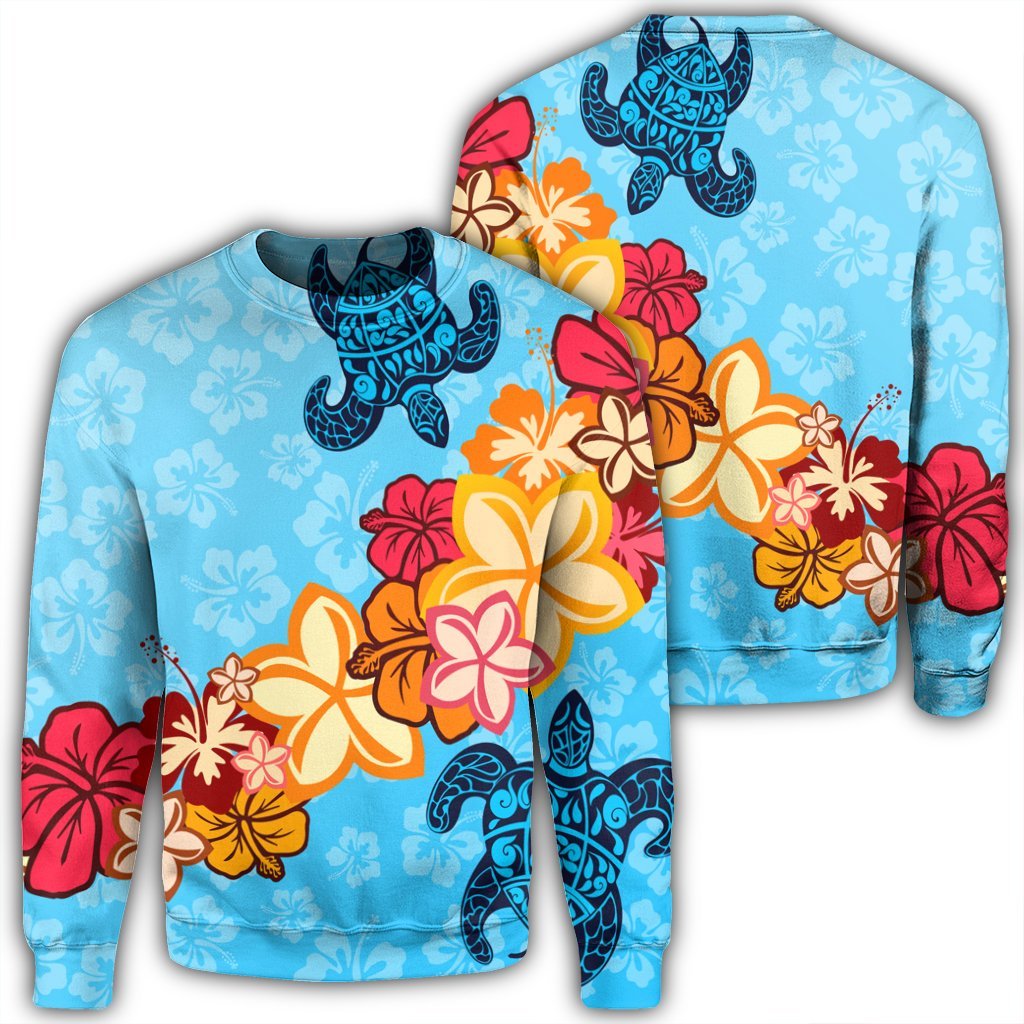 Hawaiian Ocean Turtle Plumeria And Hibiscus Polynesian Sweatshirt - AH Unisex Black - Polynesian Pride
