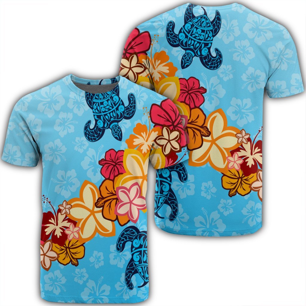 Hawaiian Ocean Turtle Plumeria And Hibiscus Polynesian T Shirt AH Unisex Black - Polynesian Pride