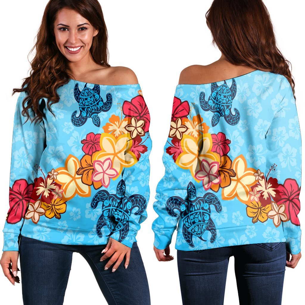 Hawaiian Ocean Turtle Plumeria And Hibiscus Polynesian Women's Off Shoulder Sweater - AH Black - Polynesian Pride